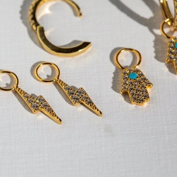 YOU PICK!  Gold Pave Huggies + you pick charm Bolt, Hamsa Hand or Evil Eye - Picture 5 of 14